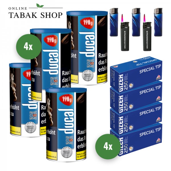 DUCAL Blue Tabak (4 x 168g) + 1.000 GIZEH Special Tip Hülsen + 3 Feuerzeuge + 2 Sturmfeuerzeuge