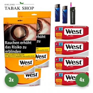 West Yellow Fairwind Volumen Tabak (3 x 155g) + 1.000 West Red Extra Hülsen + 2 Feuerzeuge + 1 Sturmfeuerzeug