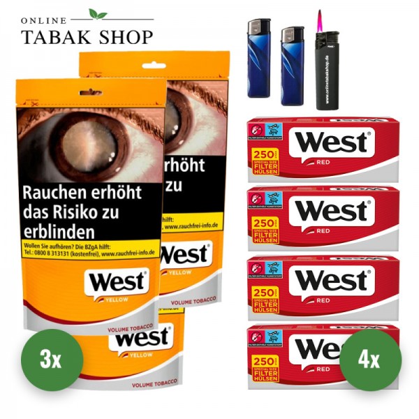 West Yellow Fairwind Volumen Tabak (3 x 155g) + 1.000 West Red Extra Hülsen + 2 Feuerzeuge + 1 Sturmfeuerzeug