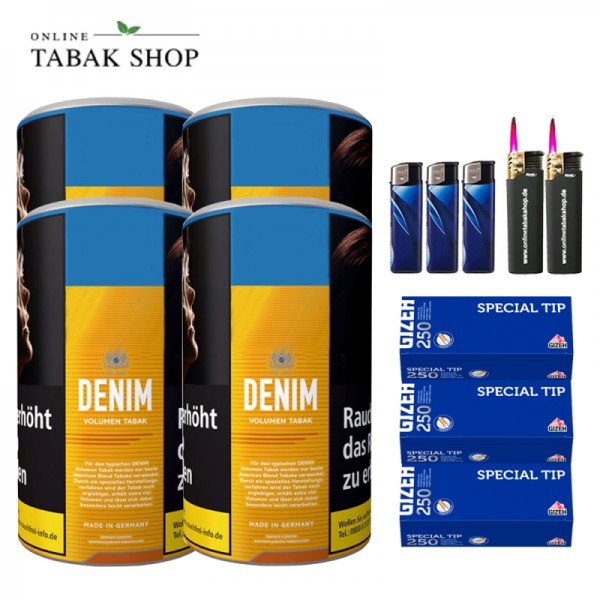 Denim Volumentabak (4 x 90g) + 750 Gizeh Special Tip Hülsen + 3 Feuerzeuge + 2 Sturmfeuerzeuge