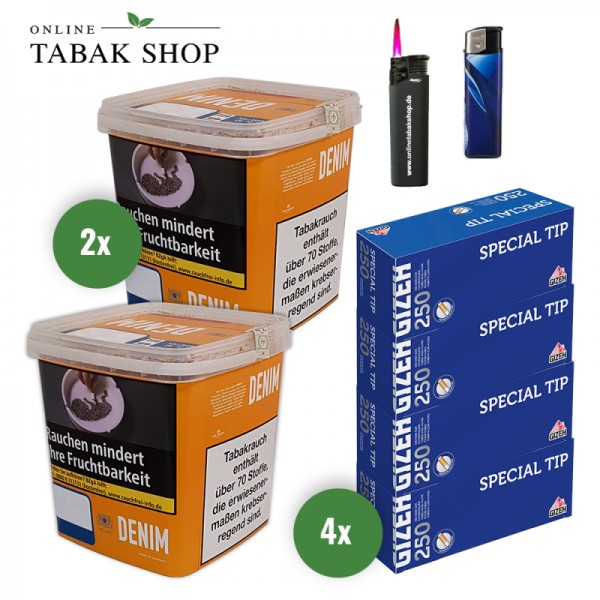 Denim Giga Box (2 x 330g) + 1.000 Gizeh Special Tip Hülsen + 1 Sturmfeuerzeug + 1 Feuerzeug