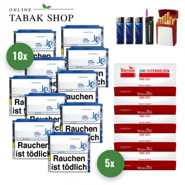 JPS Blue XL Volumentabak (10 x 36g) + 1.000 Winston Hülsen + 1 Sturmfeuerzeug + 3 Feuerzeug + 1 Gizeh Etui