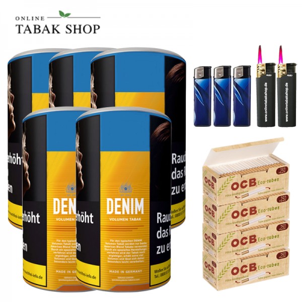 Denim Volumentabak (5 x 90g) + 1.000 OCB Organic Hülsen + 3 Feuerzeuge + 2 Sturmfeuerzeuge