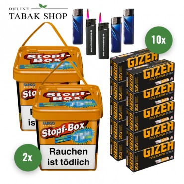 Fargo Volumen Stopf Box Eimer XXXL Orange (2 x 420g) + 2.000 Gizeh Full Flavor Extra Hülsen + 3 Feuerzeuge + 2 Sturmfeuerzeuge