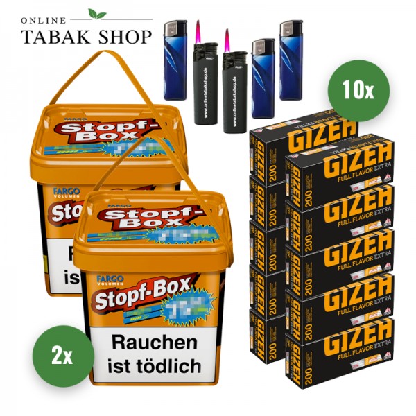 Fargo Volumen Stopf Box Eimer XXXL Orange (2 x 420g) + 2.000 Gizeh Full Flavor Extra Hülsen + 3 Feuerzeuge + 2 Sturmfeuerzeuge