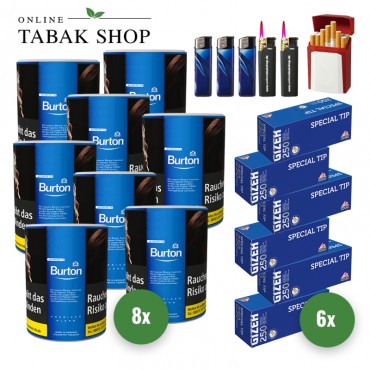 Burton Blue Zigaretten Tabak (8 x 120g) + 1.500 GIZEH Special Tip Hülsen + 3 Feuerzeuge + 2 Sturmfeuerzeuge + 1 GIZEH Etui