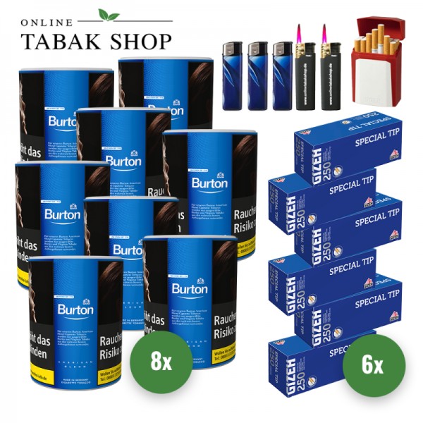 Burton Blue Zigaretten Tabak (8 x 120g) + 1.500 GIZEH Special Tip Hülsen + 3 Feuerzeuge + 2 Sturmfeuerzeuge + 1 GIZEH Etui