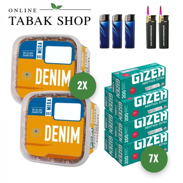 Denim Volumentabak (2 x 220g) + 1.400 GIZEH Menthol Extra Hülsen + 3 Feuerzeuge + 2 Sturmfeuerzeuge