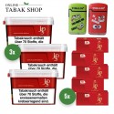 JPS Red Volumentabak (3 x 100g) + 1.000 JPS Red Hülsen (Special oder Normal) + 2 TobaliQ Happy Smile Motiv Feuerzeuge