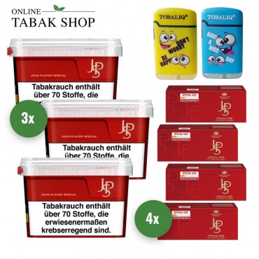 JPS Red Volumentabak (3 x 100g) + 1.000 JPS Red Hülsen (Special oder Normal) + 2 TobaliQ Happy Smile Motiv Feuerzeuge