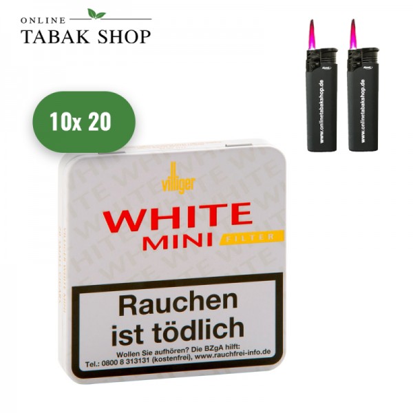 VILLIGER "White" Mini Filter Zigarillos (10 x 20er) + 2 OTS Sturmfeuerzeuge