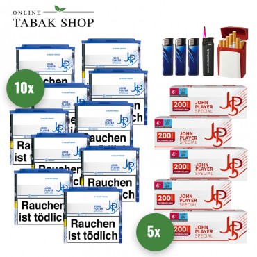 JPS Blue XL Volumentabak (10 x 36g) + 1.000 JPS Hülsen + 1 Sturmfeuerzeug + 3 Feuerzeug + 1 Gizeh Etui