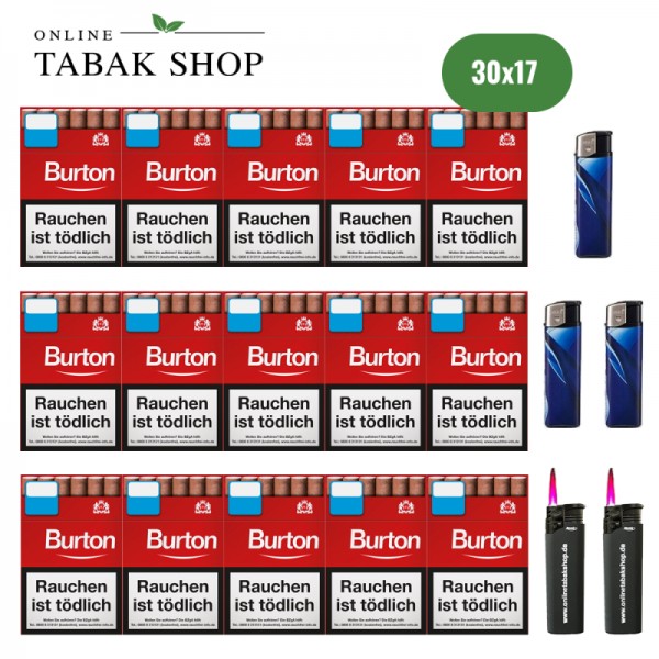 Burton Original Filter Zigarillos L (30 x 17er) + 3 Feuerzeuge + 2 Sturmfeuerzeuge