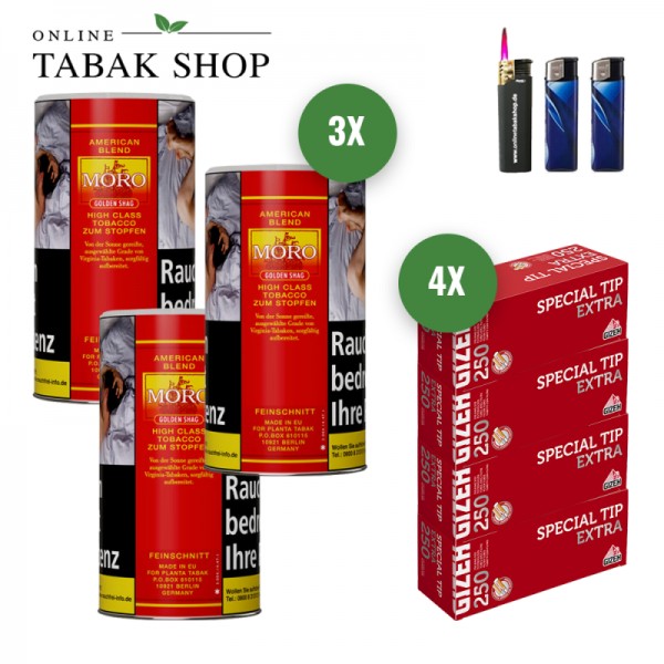 Moro Rot/American Blend (3 x 130g) + 1.000 Gizeh Special Extra Hülsen + 1 Sturmfeuerzeug + 2 Feuerzeuge