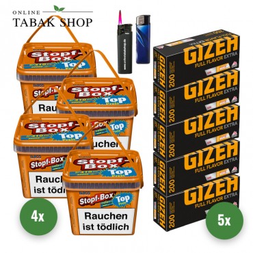 Fargo Volumen Stopf Box Orange (4 x 155g) + 1.000 Gizeh Full Flavor Extra Hülsen + 1 Feuerzeug + 1 Sturmfeuerzeug
