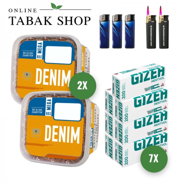 Denim Volumentabak (2 x 220g) + 1.400 GIZEH Menthol Hülsen + 3 Feuerzeuge + 2 Sturmfeuerzeuge
