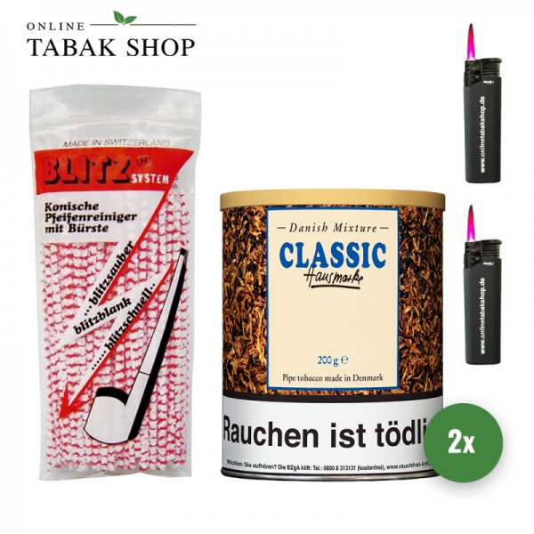 Danish Mixture Classic Pfeifentabak (2 x 200g) + 80 BLITZ Pfeifenreiniger + 2 Sturmfeuerzeuge