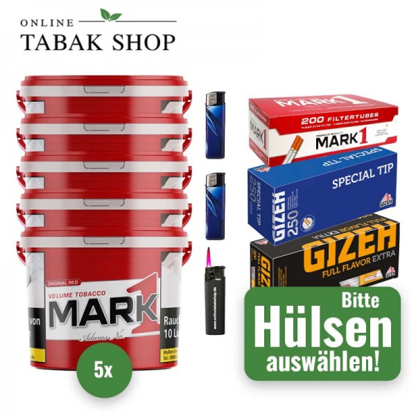 Mark 1 Tabak (5 x 190g) + 2.000 Hülsen (wählbar) + 2 Feuerzeuge + 1 Sturmfeuerzeug