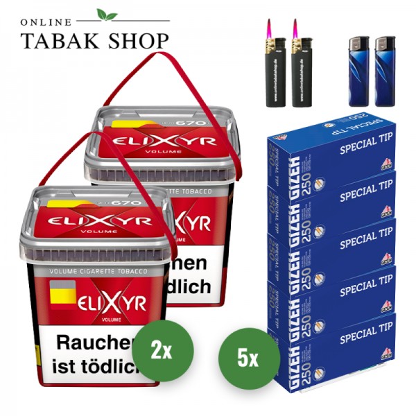 Elixyr Rot Volumen Tabak (2 x 260g) + 1.250 Gizeh Special Tip Hülsen + 2 Feuerzeuge + 2 Sturmfeuerzeuge