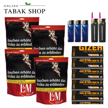 L&M Volumen Tabak Red XL (4 x 85g) + 1.000 Gizeh Full Flavor Extra Hülsen + 3 Feuerzeuge + 2 Sturmfeuerzeuge