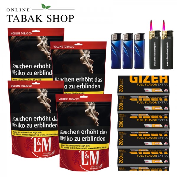L&M Volumen Tabak Red XL (4 x 85g) + 1.000 Gizeh Full Flavor Extra Hülsen + 3 Feuerzeuge + 2 Sturmfeuerzeuge