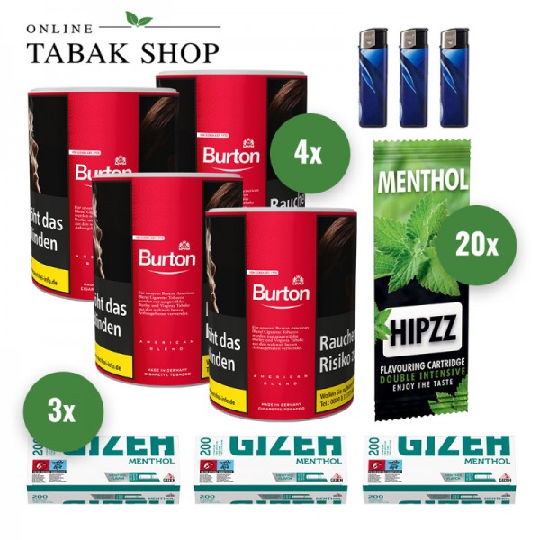 Burton Red Tabak (4 x 120g) + 600 GIZEH Menthol Hülsen + 3 Feuerzeuge + 20 Hipzz Menthol Karten