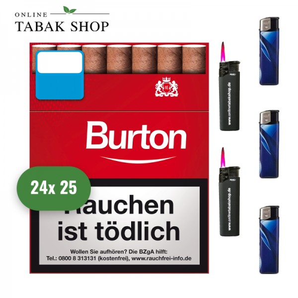 Burton Original Filterzigarillos XL (24 x 25er) + 3 Feuerzeuge + 2 Sturmfeuerzeuge