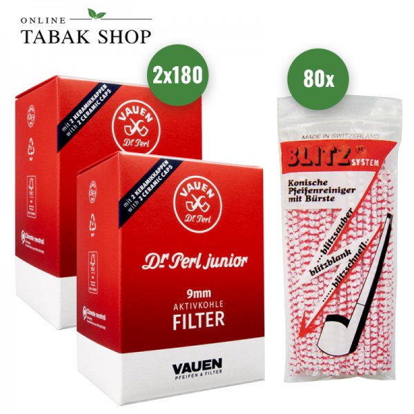 Dr. Perl Pfeifenfilter 9mm Aktivkohlefilter (2 x 180er) + 80 BLITZ Pfeifenreiniger