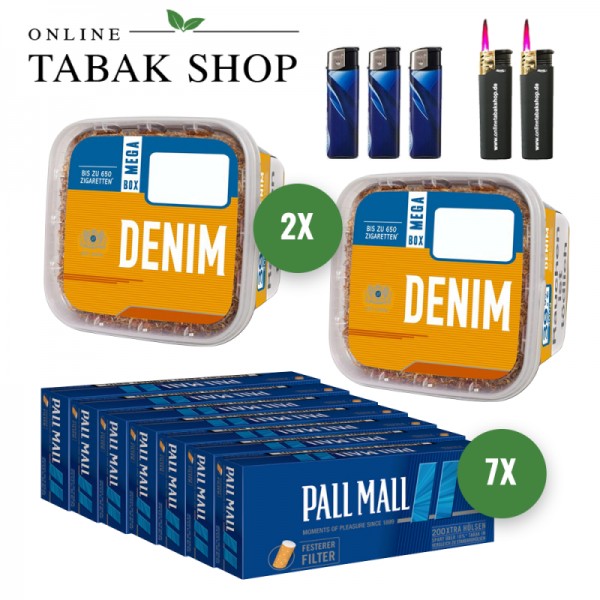 Denim Volumentabak (2 x 220g) + 1.400 Pall Mall Blue Xtra Hülsen + 3 Feuerzeuge + 2 Sturmfeuerzeuge