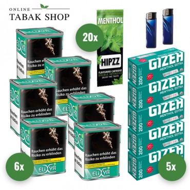 Elixyr Plus Tabak (6 x 102g) + 1.000 Gizeh Menthol Extra Hülsen + 2 Feuerzeuge + 20 Hipzz Menthol Karten