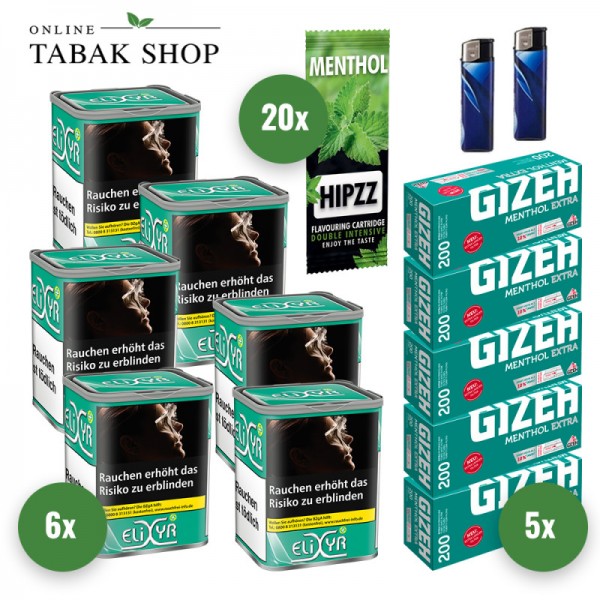 Elixyr Plus Tabak (6 x 102g) + 1.000 Gizeh Menthol Extra Hülsen + 2 Feuerzeuge + 20 Hipzz Menthol Karten