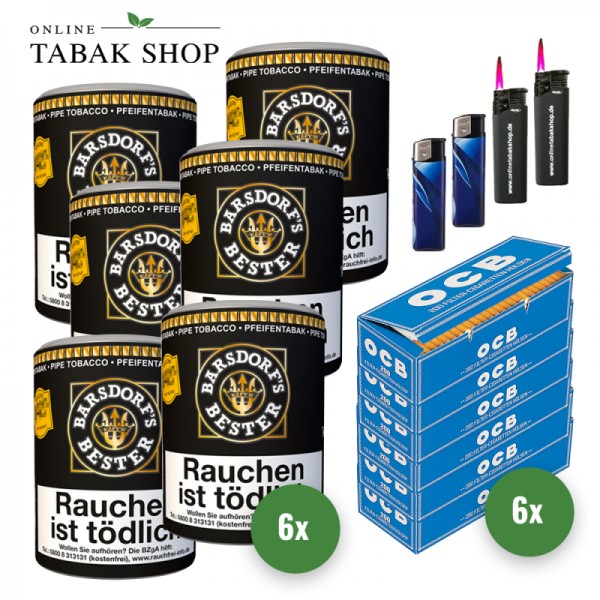Barsdorf's Bester Vanilla Yellow (6 x 160g) + 1.200 OCB Blau Filterhülsen + 2 Sturmfeuerzeuge + 2 Feuerzeuge