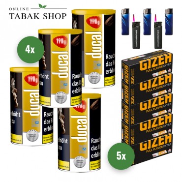 Ducal Gold Tabak (4 x 168g) + 1.000 Gizeh Full Flavor Extra Hülsen + 3 Feuerzeuge + 2 Sturmfeuerzeuge