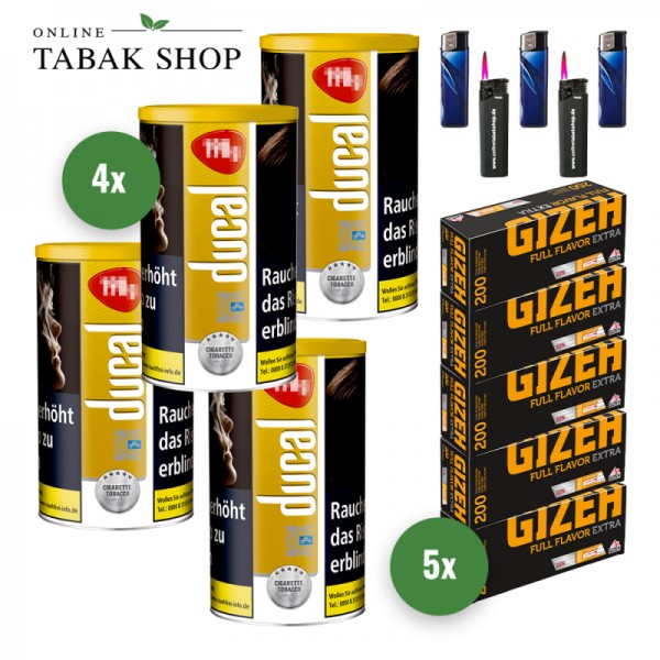 Ducal Gold Tabak (4 x 168g) + 1.000 Gizeh Full Flavor Extra Hülsen + 3 Feuerzeuge + 2 Sturmfeuerzeuge