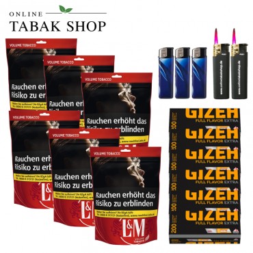 L&M Volumen Tabak XL Beutel (6 x 85g) + 1.600 Gizeh Full Flavor Extra Hülsen + 3 Feuerzeuge + 2 Sturmfeuerzeuge
