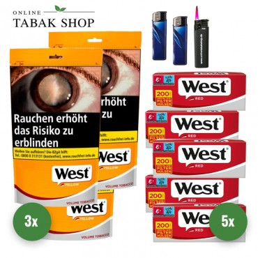 West Yellow Fairwind Volumen Tabak (3 x 155g) + 1.000 West Red Hülsen + 2 Feuerzeuge + 1 Sturmfeuerzeug