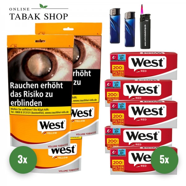 West Yellow Fairwind Volumen Tabak (3 x 155g) + 1.000 West Red Hülsen + 2 Feuerzeuge + 1 Sturmfeuerzeug