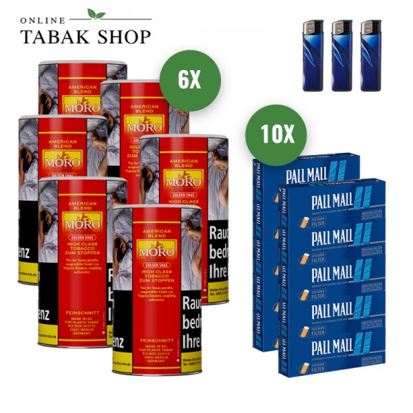 Moro Rot Tabak (6 x 130g) + 2.000 Pall Mall Blau Xtra Hülsen + 3 Feuerzeuge