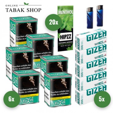 Elixyr Plus Tabak (6 x 102g) + 1.000 Gizeh Menthol Hülsen + 2 Feuerzeuge + 20 Hipzz Menthol Karten