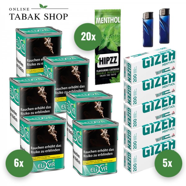 Elixyr Plus Tabak (6 x 102g) + 1.000 Gizeh Menthol Hülsen + 2 Feuerzeuge + 20 Hipzz Menthol Karten