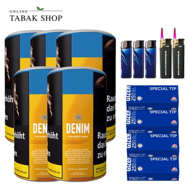 Denim Volumentabak (5 x 90g) + 1.000 Gizeh Special Tip Hülsen + 3 Feuerzeuge + 2 Sturmfeuerzeuge