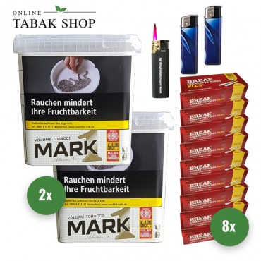 Mark Adams 1 Gold Volumen Tabak (2 x 400g) + 1.600 Break PLUS Hülsen + 1 Sturmfeuerzeug + 2 Feuerzeuge