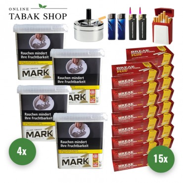Mark Adams 1 Gold Volumentabak (4 x 400g) + 3.000 Break Plus Hülsen+2 Sturmfeuerzeuge+2 Feuerzeuge+1 Gizeh Etui+1 Drehascher 9cm