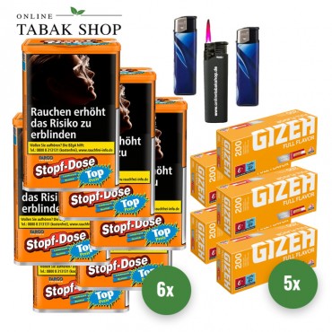 Fargo Volumen Stopf Dose Orange (6 x 92g) + 1.000 Gizeh Full Flavor Hülsen (Gelb) + 2 Feuerzeuge + 1 Sturmfeuerzeug