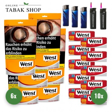 West Yellow Fairwind Volumen Tabak (6 x 155g) + 2.000 West Red Hülsen + 3 Feuerzeuge + 2 Sturmfeuerzeuge