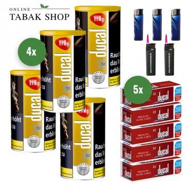 Ducal Gold Tabak (4 x 168g) + 1.000 Ducal Hülsen + 3 Feuerzeuge + 2 Sturmfeuerzeuge
