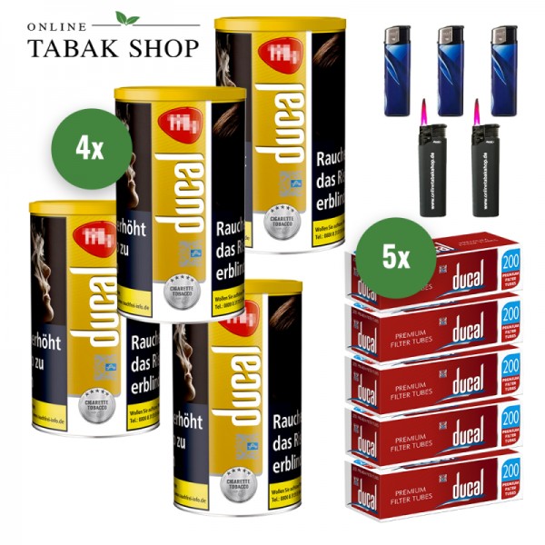 Ducal Gold Tabak (4 x 168g) + 1.000 Ducal Hülsen + 3 Feuerzeuge + 2 Sturmfeuerzeuge