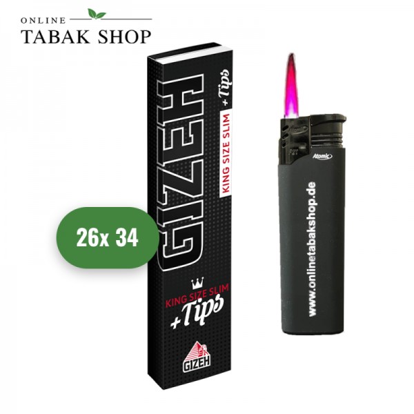 GIZEH Black King Size Slim mit TIPS (26 x 34er) + 1 Sturmfeuerzeug