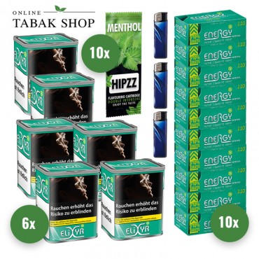 Elixyr Plus Tabak (6 x 102g) + Energy Plus Menthol Hülsen (10 x 110er) + 20 Hipzz Menthol Karten + 3 Feuerzeuge