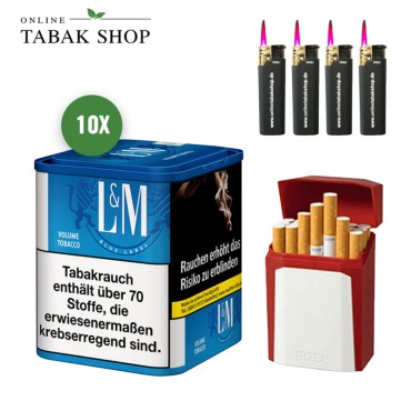L&M Blau Volumen Tabak (10 x 39g) + 4 Sturmfeuerzeuge + 1 Gizeh Flip Case (Etui)